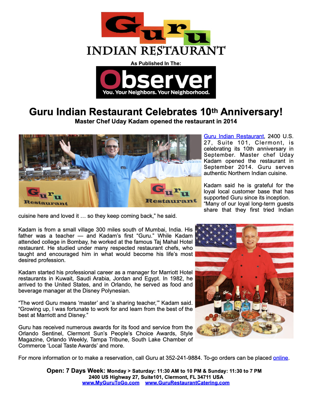 Guru Restaurant Celebrating 10th Anniversary News Clipping